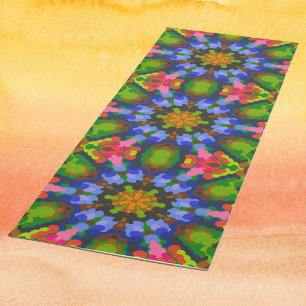 Tapete De Yoga Retro Mandala Verde Azul e Rosa