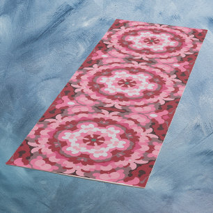 Tapete De Yoga Retro Mandala Vermelho e Branco Rosa