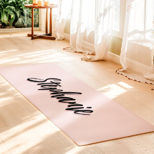 Tapete De Yoga Rosa Bege e Preto Nome Personalizado Simples