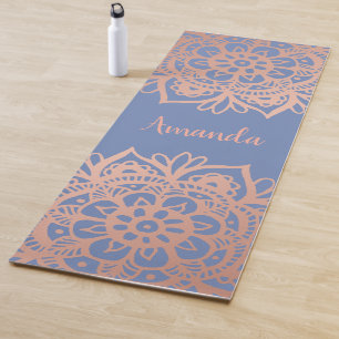 Tapete De Yoga Rosa de Nome Personalizado Dourado Mandala Azul