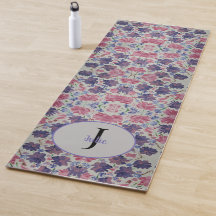Rosa Floral de Lua Azul Monograma Yoga Mat
