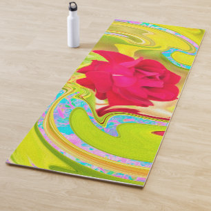 Tapete De Yoga Rosa vermelha abstrato em espiral amarela e aqua