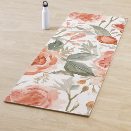 Tapete De Yoga Rosas Laranja Aquarela Botânica Coral Floral