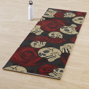 Tapete De Yoga Rosas Vermelhas & Caveiras Cinza Floral Gótico Pre