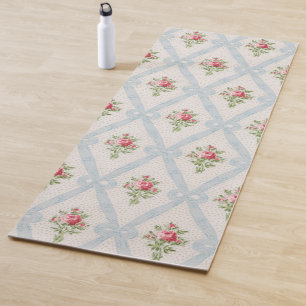 Tapete De Yoga Rosas Vitorianas Rosa com Fita Azul