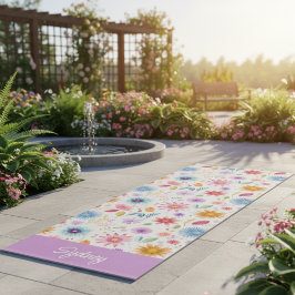 Tapete De Yoga Roxo Azul Rosa Boho Flor de Campo Personalizado 