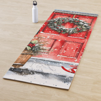 Tapete De Yoga Rustic Vintage Winter Red Christmas Door Wreath