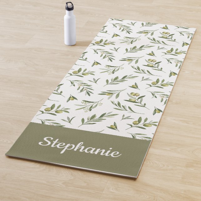 Tapete De Yoga Sage Green Olives Watercolor Custom Name (In Situ)