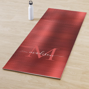 Tapete De Yoga Script de Monograma Vermelho Borgonado Metálico