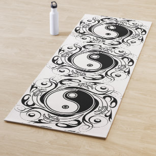 Tapete De Yoga Símbolo Yin & Yang Estilo de Tatuagem Preto e Bran
