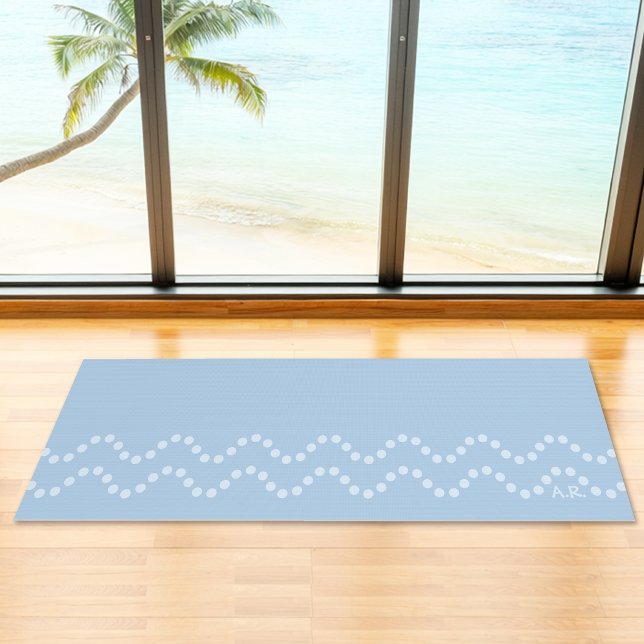 Tapete De Yoga Soft Blue Minimal Dotted Wavy Lines With Initials (Disclaimer: This image is a digital mockup.)