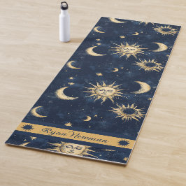 Tapete De Yoga Sol e Lua Crescente Azul e Dourada Personalizáveis