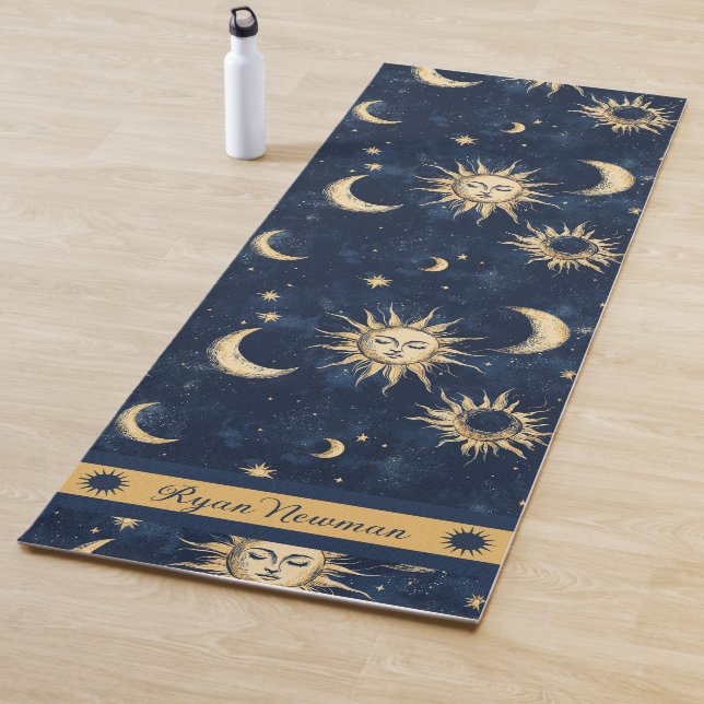 Tapete De Yoga Sol e Lua Crescente Azul e Dourada Personalizáveis (In Situ)