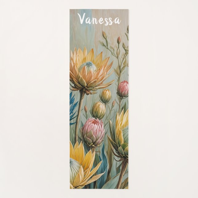 Tapete De Yoga Sonho com Protea Pastel: Floral Elegante (Frente)