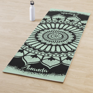 Tapete De Yoga Spirals Dots Flores Verde Preto Henna Mandala