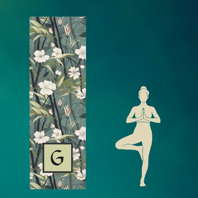 Tapete De Yoga Teal Green Chinoiserie Initial Tropical Floral (Criador carregado)
