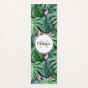 Tapete De Yoga Teste padrão tropical das folhas - monograma verd