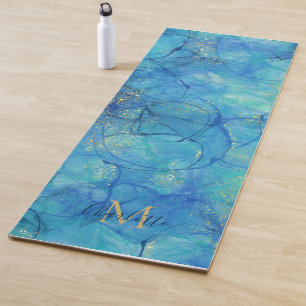 Tapete De Yoga Tinta de Água Azul e Dourado - Monograma + Nome