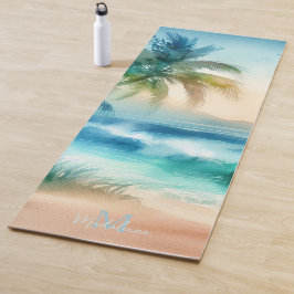 Tapete De Yoga Tropical Beach Sand Waves Palm Name Monograma