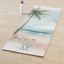 Tapete De Yoga Tropical Beach Waves Palm Tree Zen Nome Monograma
