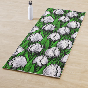 Tapete De Yoga Tulipas brancas com folhas verdes