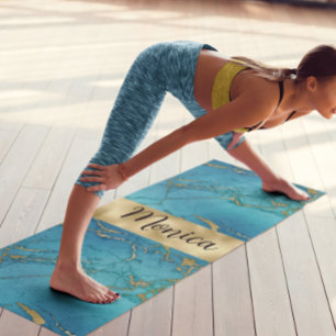 Tapete De Yoga Turquoise Blue Gold Metallic Marble Stone Monogram