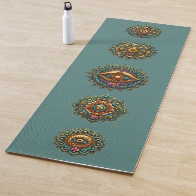 Tapete De Yoga Turquoise Gold Lotus Mandala Art - Teal Meditation (In Situ)