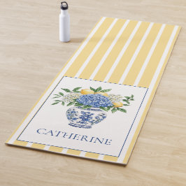 Tapete De Yoga Vaso de Chinoiserie Azul e Branco com Hortênsias