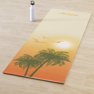 Tapete De Yoga Verão Tropical Laranja Sol & Pássaros E Palmeiras