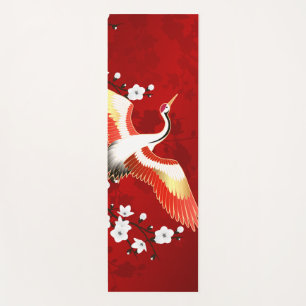 Tapete De Yoga Vermelho de Flor Branca de Crane Japonesa