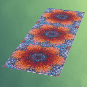 Tapete De Yoga Vermelho de Mandala Digital Laranja e Azul