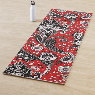 Tapete De Yoga Vermelho Preto e Branco Floral Paisley Boêmio Boho