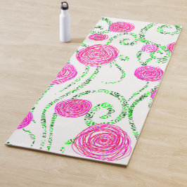 Tapete De Yoga Vinhas Verdes e Flores Rosa