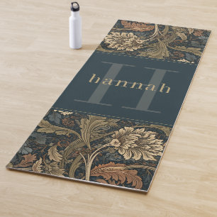 Tapete De Yoga Vintage Tan Teal Floral William Morris Monograma