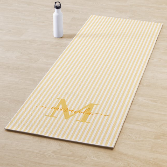 Tapete De Yoga Yellow & White Stripes Monogram Name (In Situ)