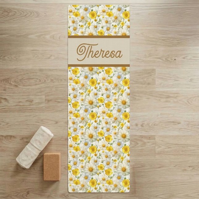 Tapete De Yoga Yellow Wildflowers Pattern Monogram Name (Criador carregado)