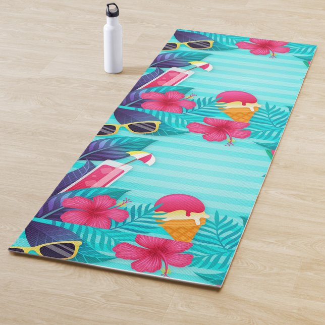 Tapete De Yoga Yoga Mat de Cena Tropical vibrante (On a bright turquoise background, there are playful illustrations of sunglasses, a refreshing drink!)
