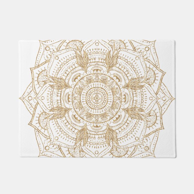 Tapete Design de Desenho de Mão de Mandala Branco e Doura (Frente)