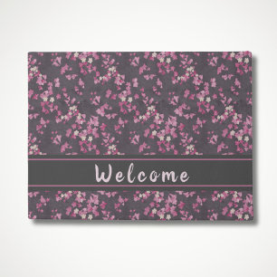 Tapete Doormat de boas-vindas à cereja rosa e Cinza
