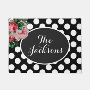 Tapete Doormat floral e preto personalizado das bolinhas