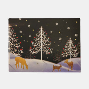 Tapete Dourada Vintage Deer Family em Snowy Christmas For