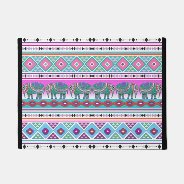 Tapete Elefantes Coloridos com Padrão Aztec (Frente)