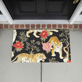 Tapete Elegant Black Chinoiserie Tiger and Peony Pattern
