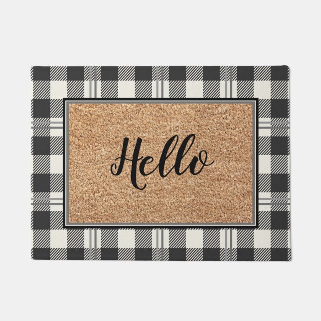 Tapete Elegante Hello Faux Coir Buffalo Xadrez (Frente)