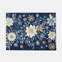 Tapete Elegante Poinsettia Azul e Dourada de Natal