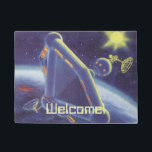 Tapete Estação Espacial Vintage Science Fiction Orbiting<br><div class="desc">É fácil personalizar este tapete de boas-vindas com o seu texto personalizado! Ilustração de safra futurista e imagem de ficção científica de planetas. Uma estação espacial orbitando ao redor de um planeta ou lua com um sol brilhante brilhando no céu no futuro. Um clássico design de quadrinhos retrô de ficção...</div>