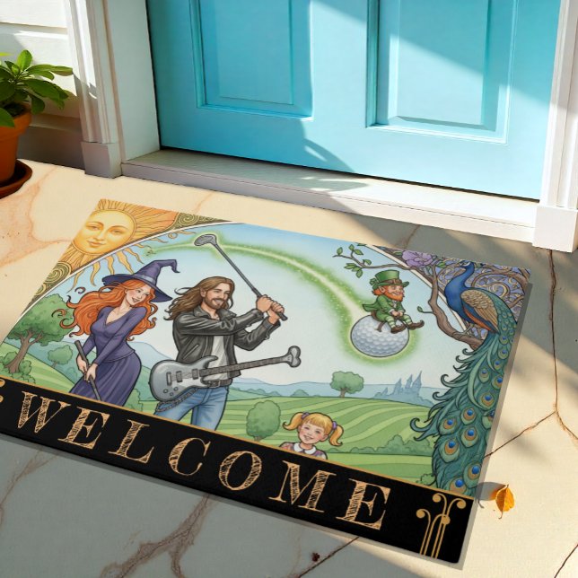 Tapete Família Golf com Bruxa, Rockstar, Leprechaun / Art (Modern Golf Family House Doormat)
