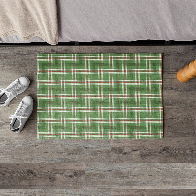 Tapete Farmhouse de Xadrezes de Natal Russo Verde (Simple green and red classic holiday plaid pattern doormat)