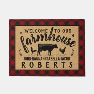 Tapete Farmhouse Welcome Red Buffalo Check Cow Xadrez