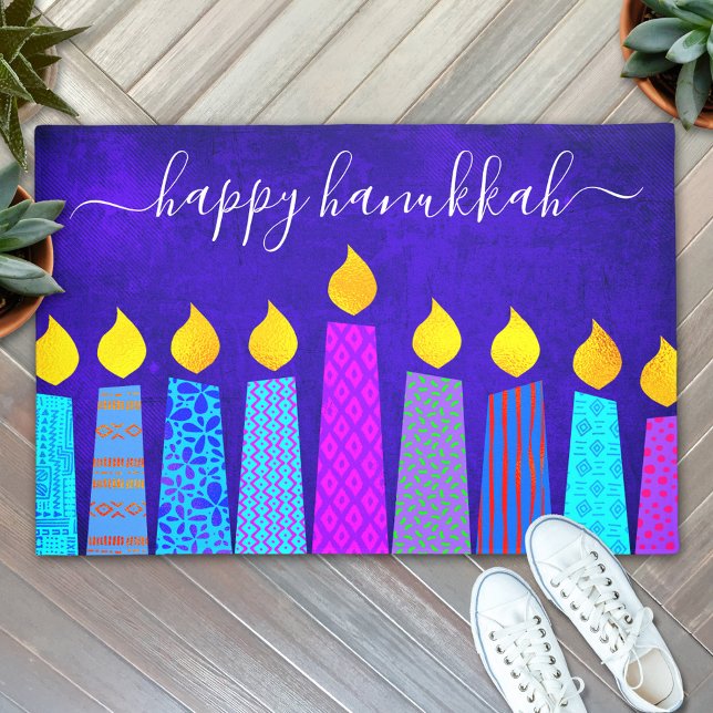 Tapete Feliz Hanukkah Script Modern Boho Candles em Azul (Criador carregado)